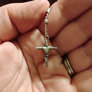 Vintage Modernist Sterling Silver Religious Rope Cross Rosary Necklace